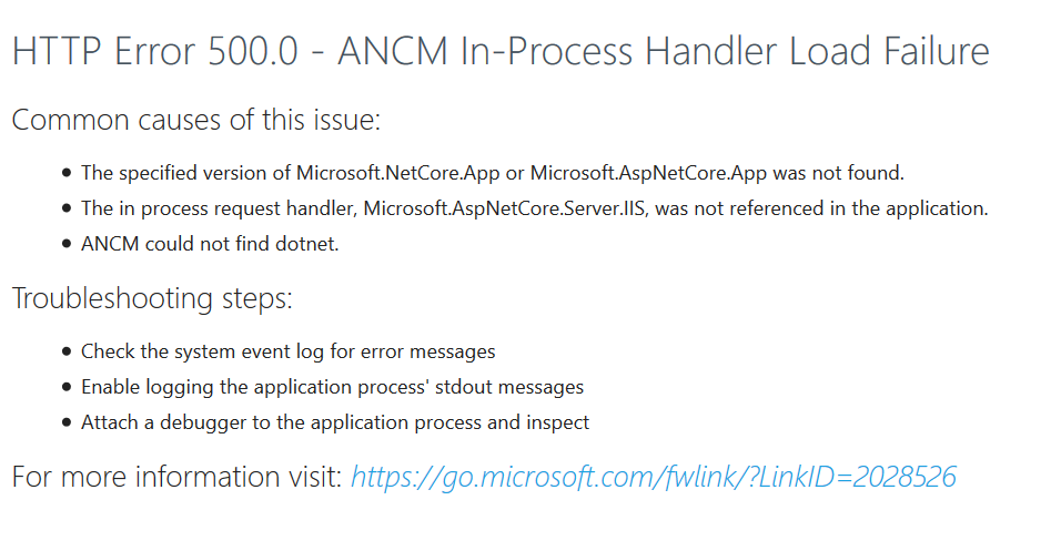 HTTP Error 500.0 – ANCM In-Process Handler Load Failure