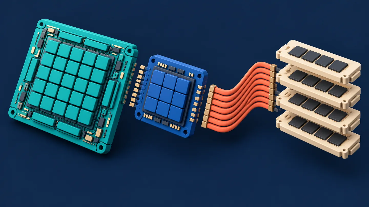 Exploded conceptual accelerator showing matrix compute, on-chip storage, separate device memory, and interconnect.