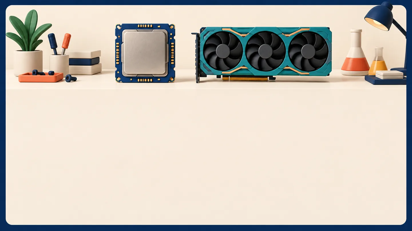 CPU and GPU on a lab bench with empty chart space, representing a benchmark setup without results.
