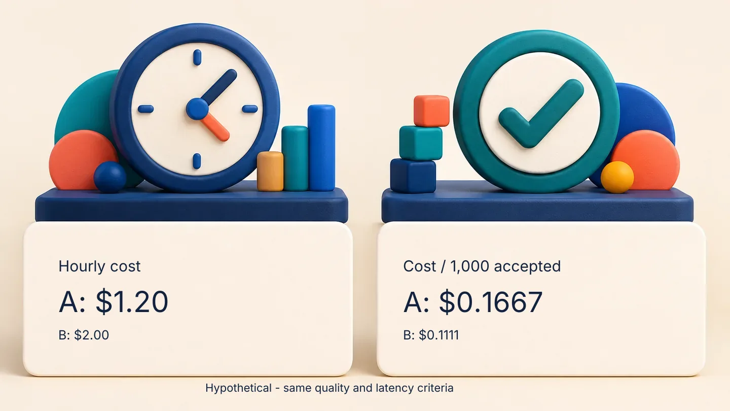 Hypothetical cost comparison: A costs 1.20 dollars per hour and 0.1667 dollars per thousand accepted requests; B costs 2 dollars per hour and 0.1111 dollars per thousand.