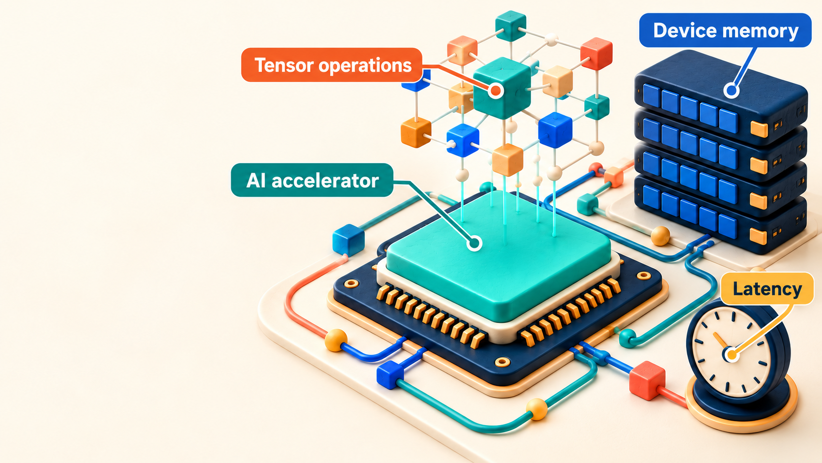 Clay illustration labeling tensor operations, an AI accelerator chip, device memory, and latency represented by a clock.