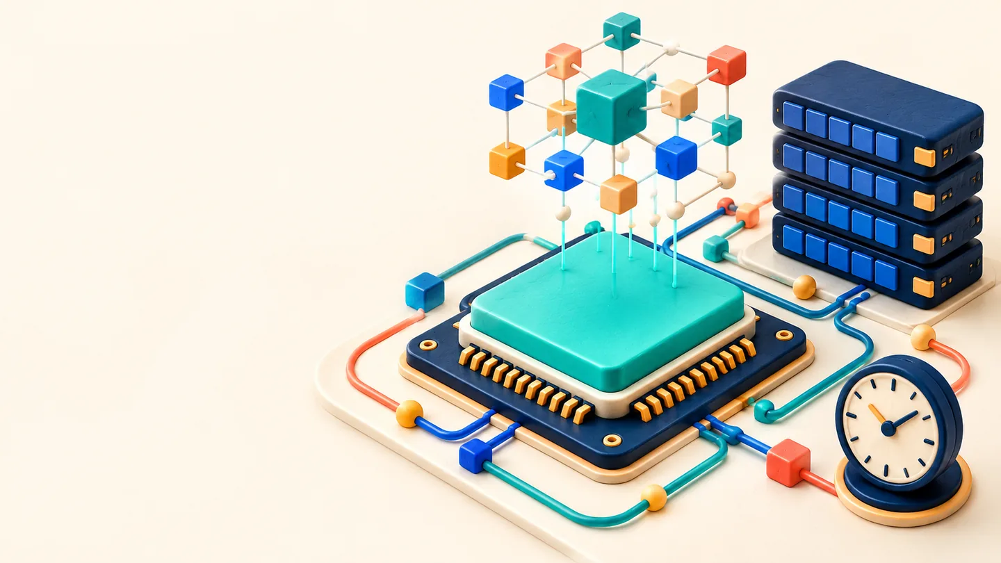 Conceptual AI accelerator with matrix, memory, and latency symbols